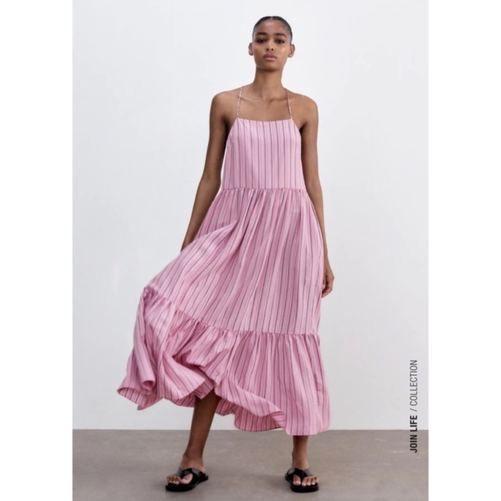 Zara Striped Strappy Poplin Maxi Dress Pink S